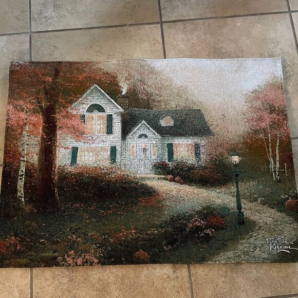 Thomas Kincade Light-up Country house Hanging Tapestry 35" x 25" Works Great! - Picture 1 of 8